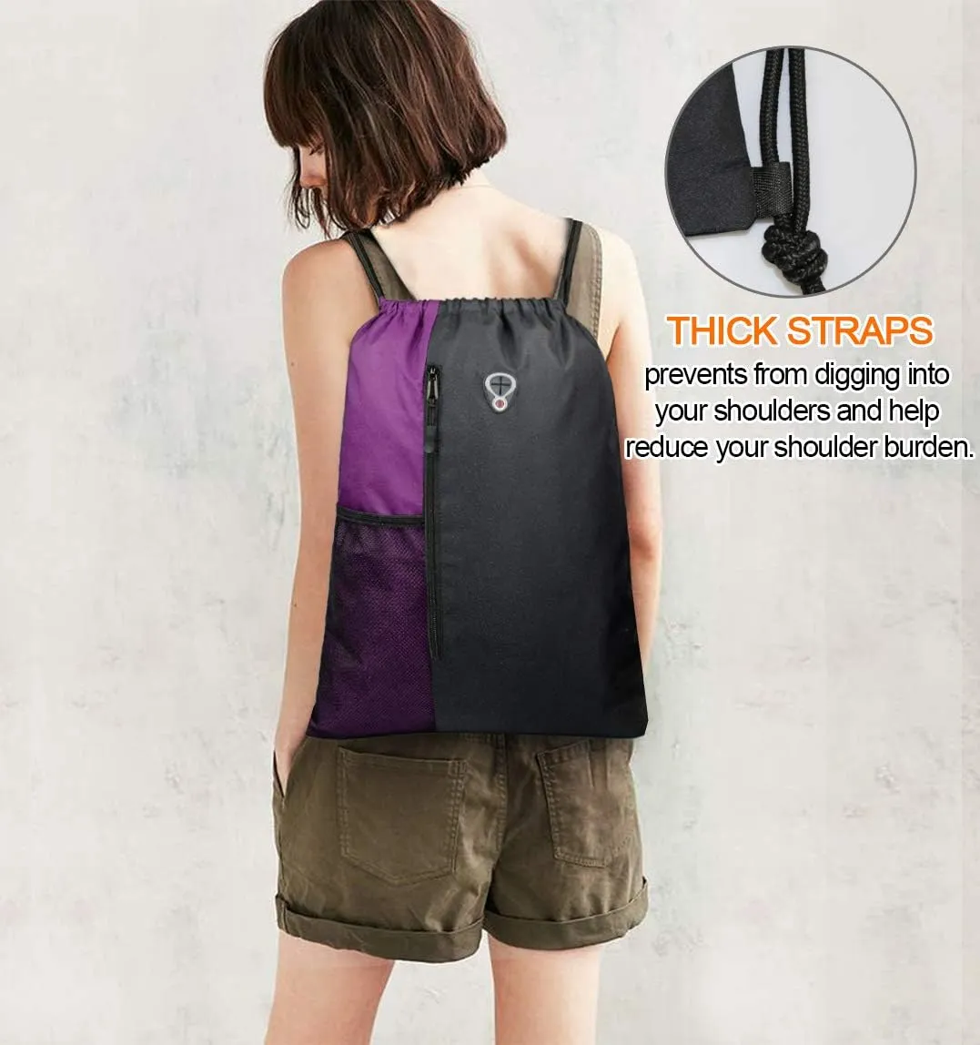 Drawstring Backpack Sports Gym Bag for Women Men Large Size With Two Zipper Pockets and Water Bottle Mesh Pockets