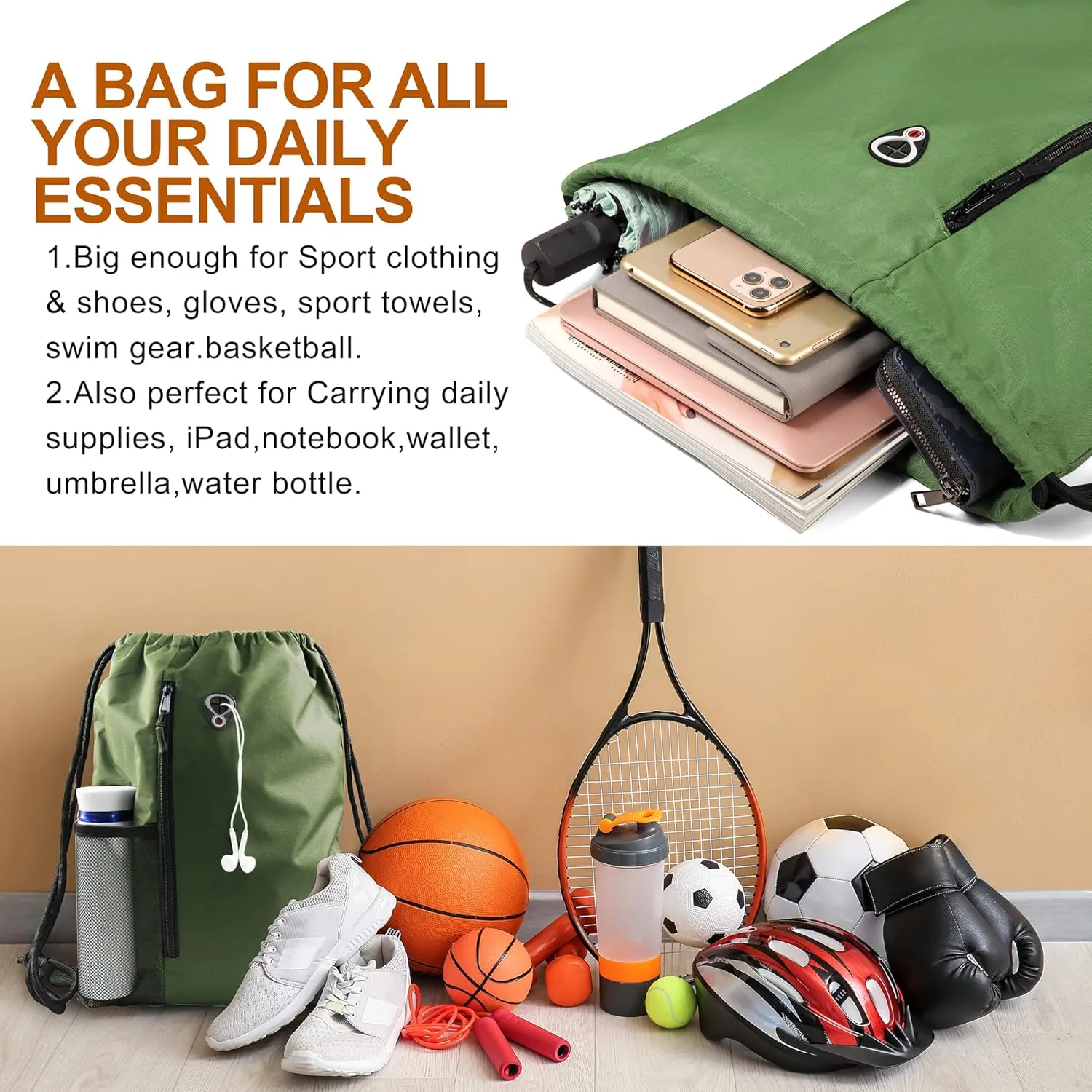 Drawstring Backpack Sports Gym Bag for Women Men Large Size With Two Zipper Pockets and Water Bottle Mesh Pockets