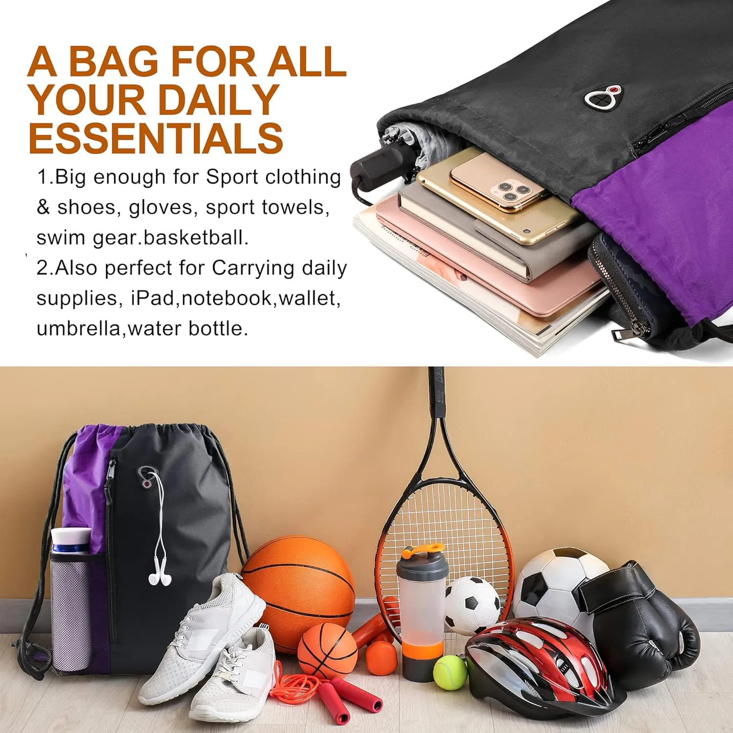 Drawstring Backpack Sports Gym Bag for Women Men Large Size With Two Zipper Pockets and Water Bottle Mesh Pockets