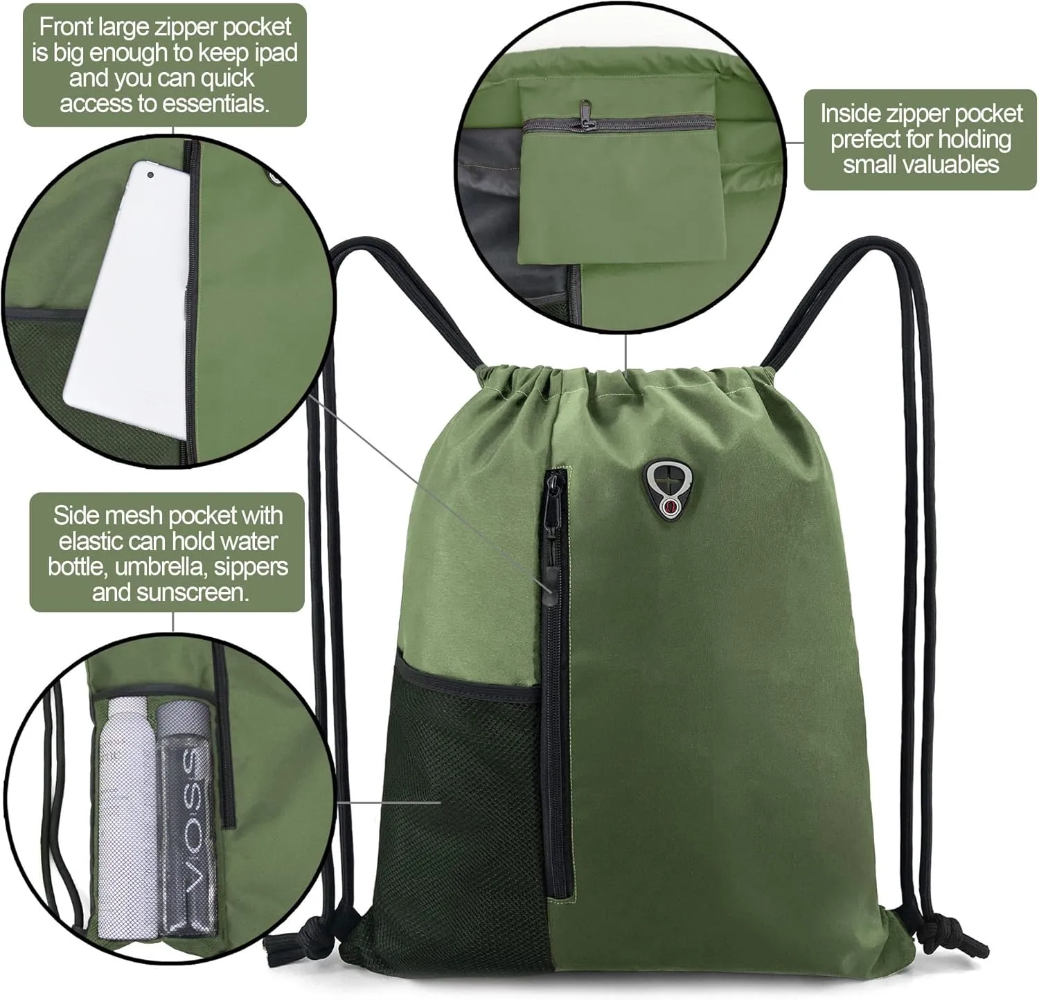 Drawstring Backpack Sports Gym Bag for Women Men Large Size With Two Zipper Pockets and Water Bottle Mesh Pockets
