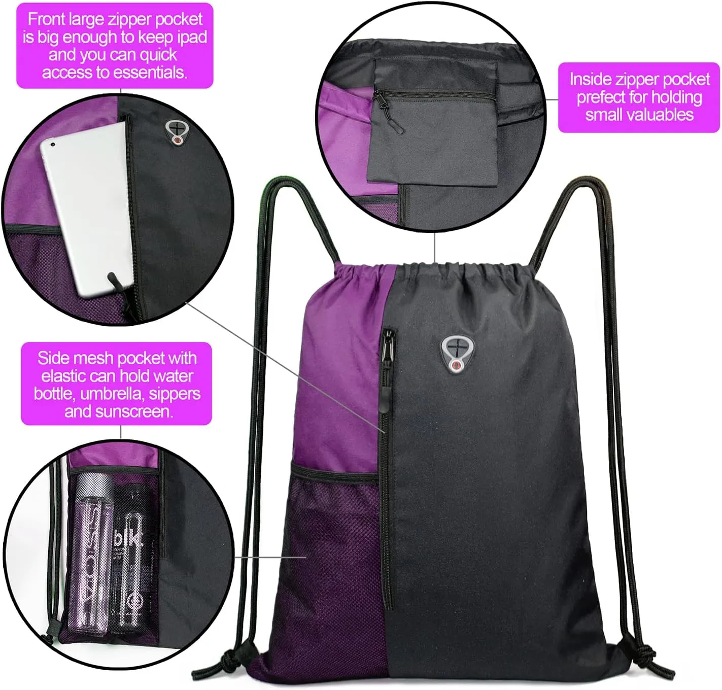 Drawstring Backpack Sports Gym Bag for Women Men Large Size With Two Zipper Pockets and Water Bottle Mesh Pockets