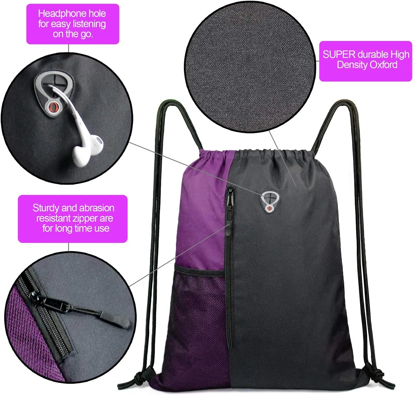 Drawstring Backpack Sports Gym Bag for Women Men Large Size With Two Zipper Pockets and Water Bottle Mesh Pockets