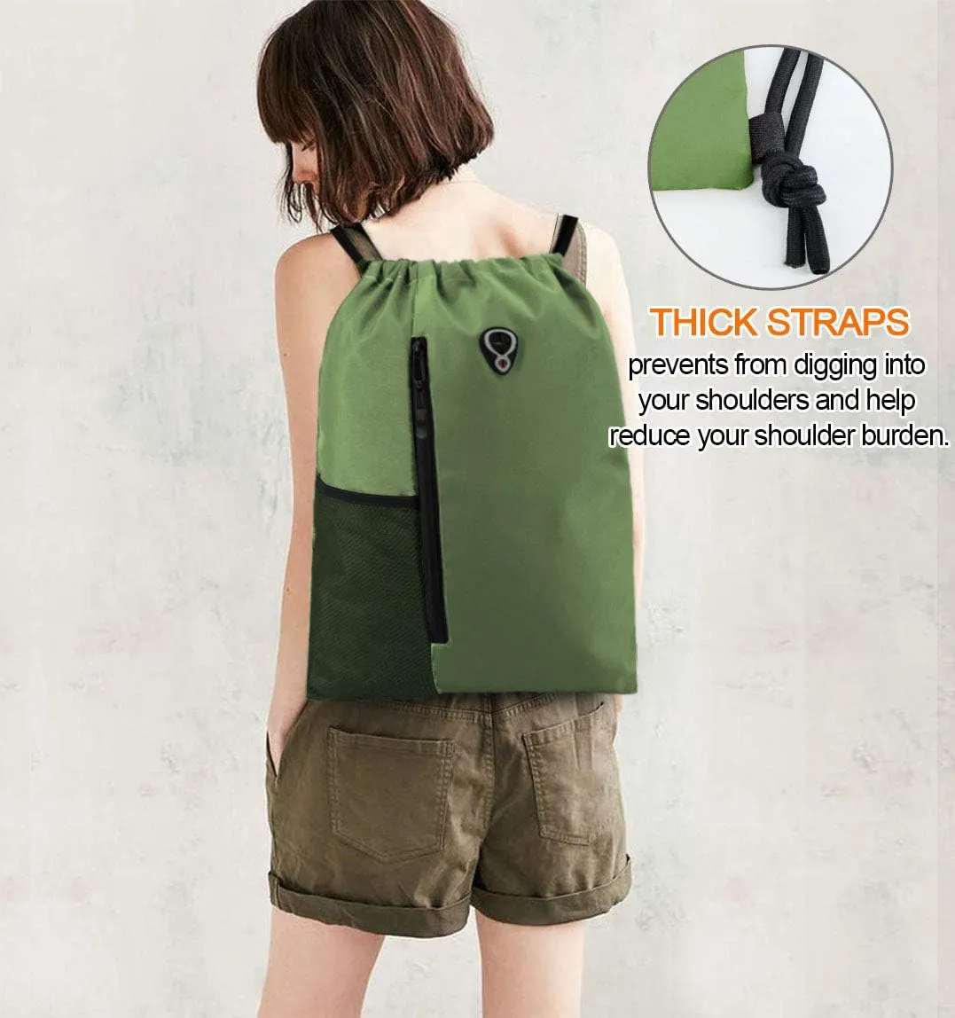 Drawstring Backpack Sports Gym Bag for Women Men Large Size With Two Zipper Pockets and Water Bottle Mesh Pockets