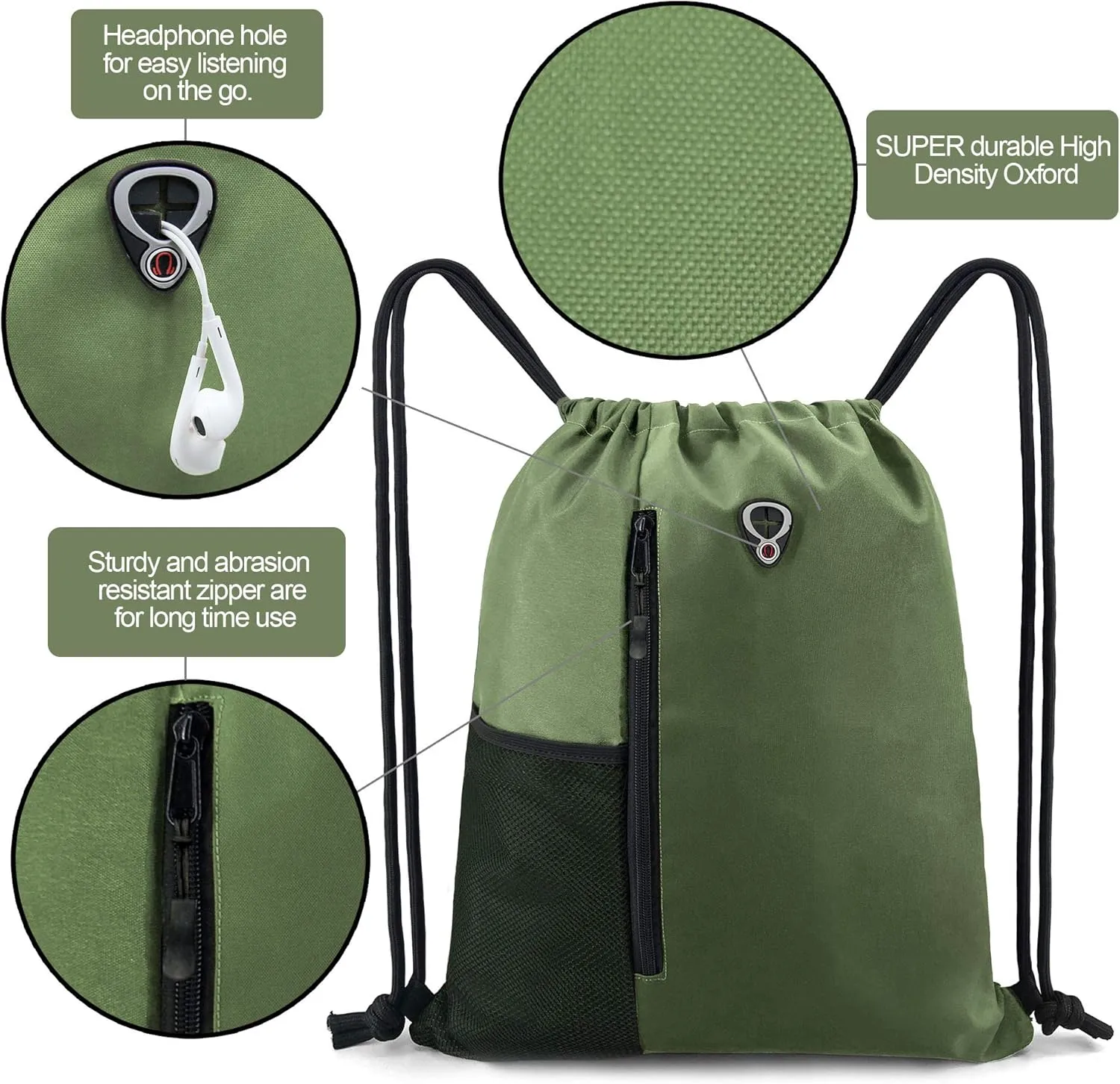 Drawstring Backpack Sports Gym Bag for Women Men Large Size With Two Zipper Pockets and Water Bottle Mesh Pockets