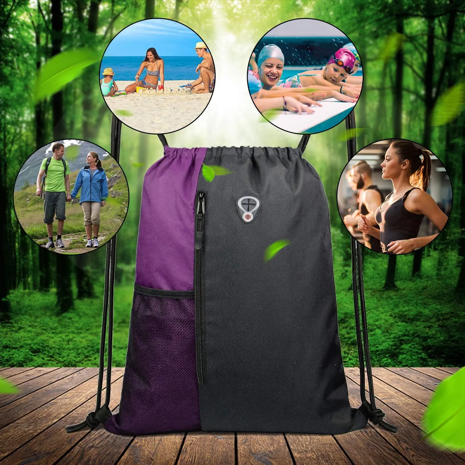 Drawstring Backpack Sports Gym Bag for Women Men Large Size With Two Zipper Pockets and Water Bottle Mesh Pockets