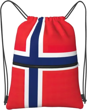 Drawstring Zipper Backpack Norwegian flag Print Sport Gym Sack with Utility Pocket for Gym Yoga Travel