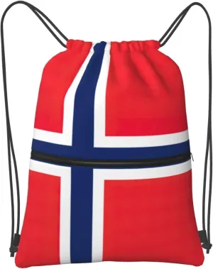 Drawstring Zipper Backpack Norwegian flag Print Sport Gym Sack with Utility Pocket for Gym Yoga Travel