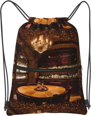 Drawstring Zipper Backpack Red Wine Cellar picture Print Sport Gym Sack with Utility Pocket for Gym Yoga Travel