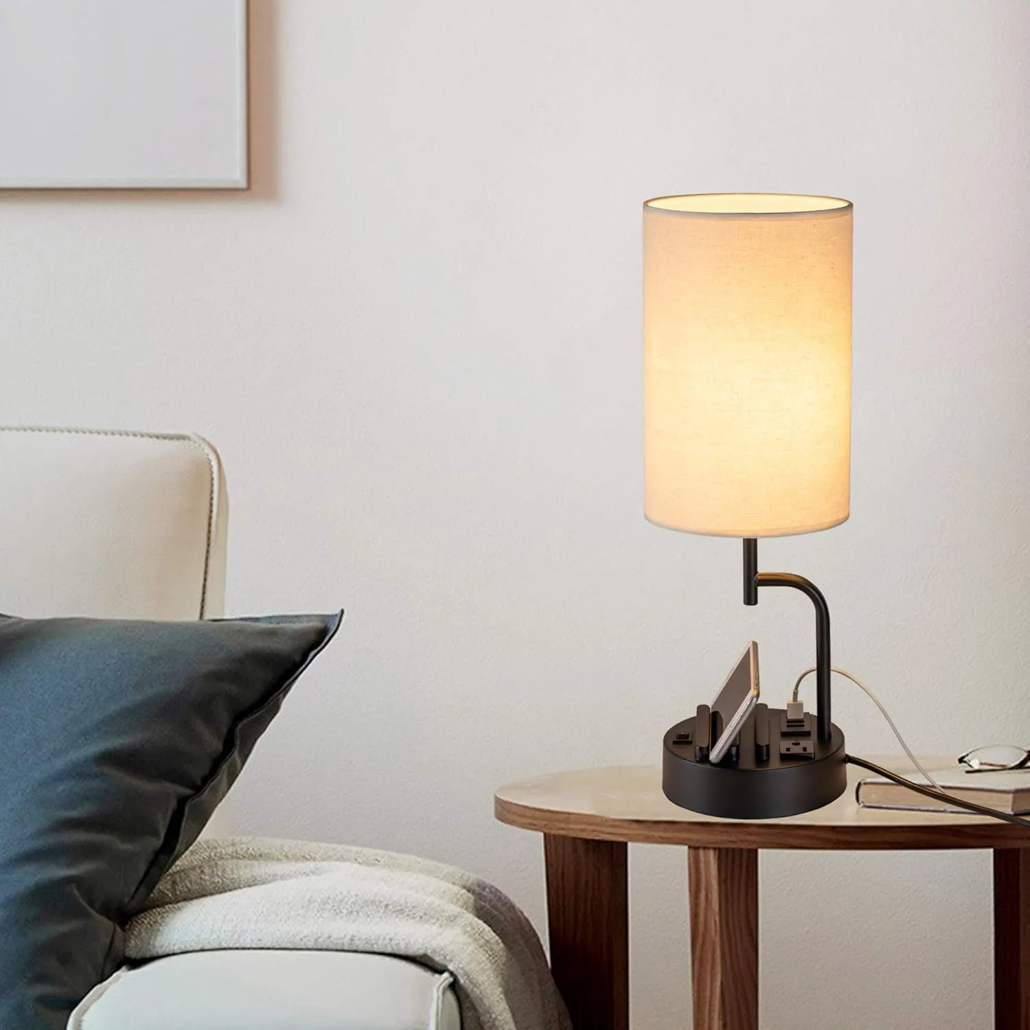 Dreamholder Table Lamp with 3 USB Charging Ports, Modern Desk Lamp with AC Outlet and Phone Stands, Perfect Bedside Lamp for Bedroom, Living Room, Office (Pack of 2), Cream