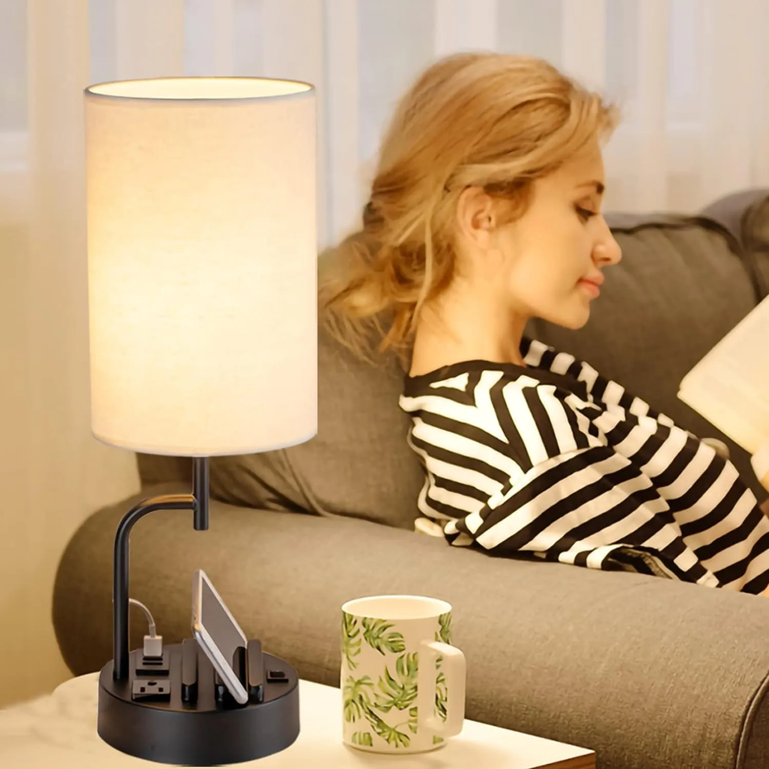 Dreamholder Table Lamp with 3 USB Charging Ports, Modern Desk Lamp with AC Outlet and Phone Stands, Perfect Bedside Lamp for Bedroom, Living Room, Office (Pack of 2), Cream