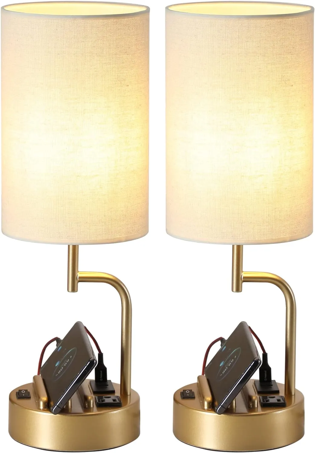 Dreamholder Table Lamp with 3 USB Charging Ports, Modern Desk Lamp with AC Outlet and Phone Stands, Perfect Bedside Lamp for Bedroom, Living Room, Office (Pack of 2), Gold
