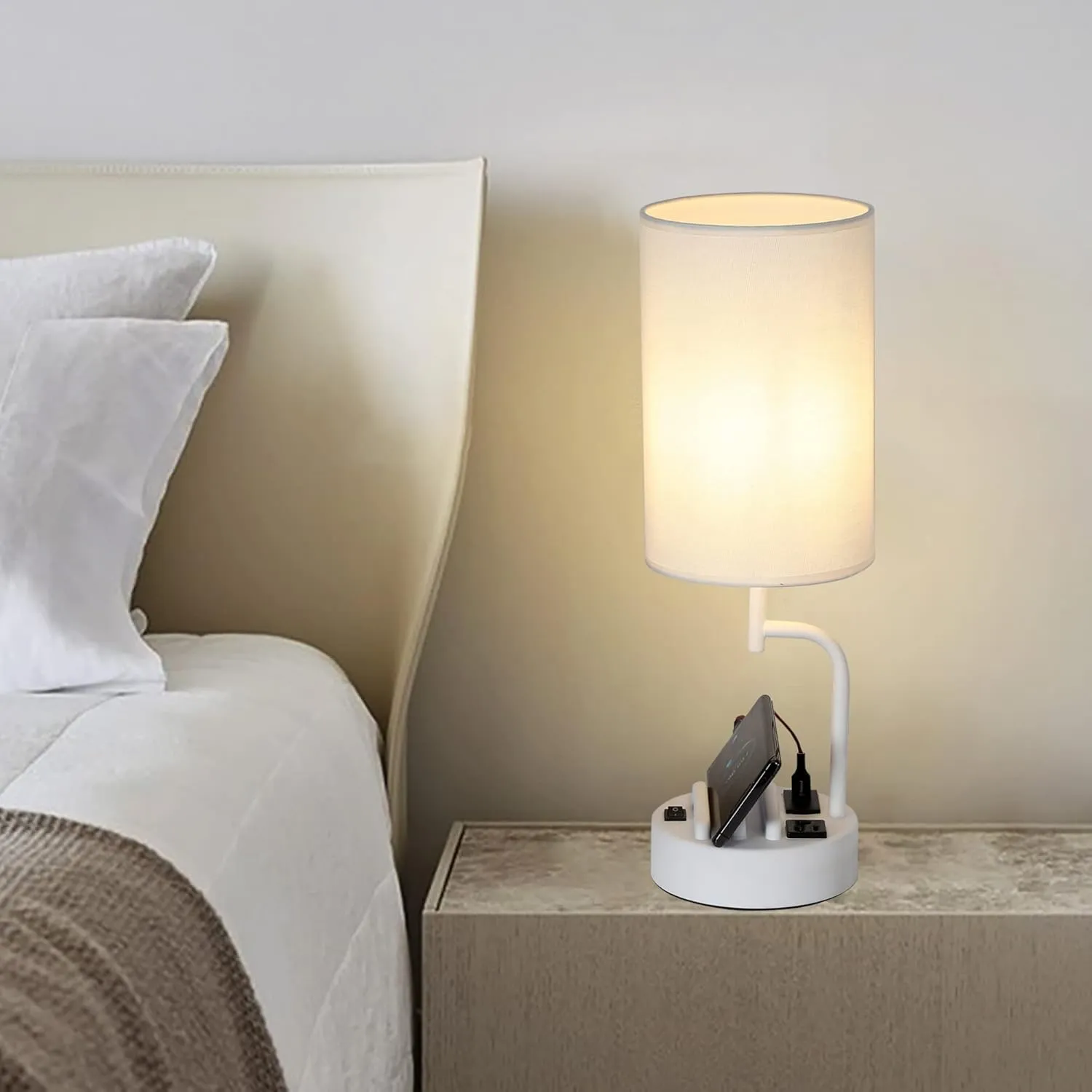 Dreamholder Table Lamp with 3 USB Charging Ports, Modern Desk Lamp with AC Outlet and Phone Stands, Perfect Bedside Lamp for Bedroom, Living Room, Office (Pack of 2), White