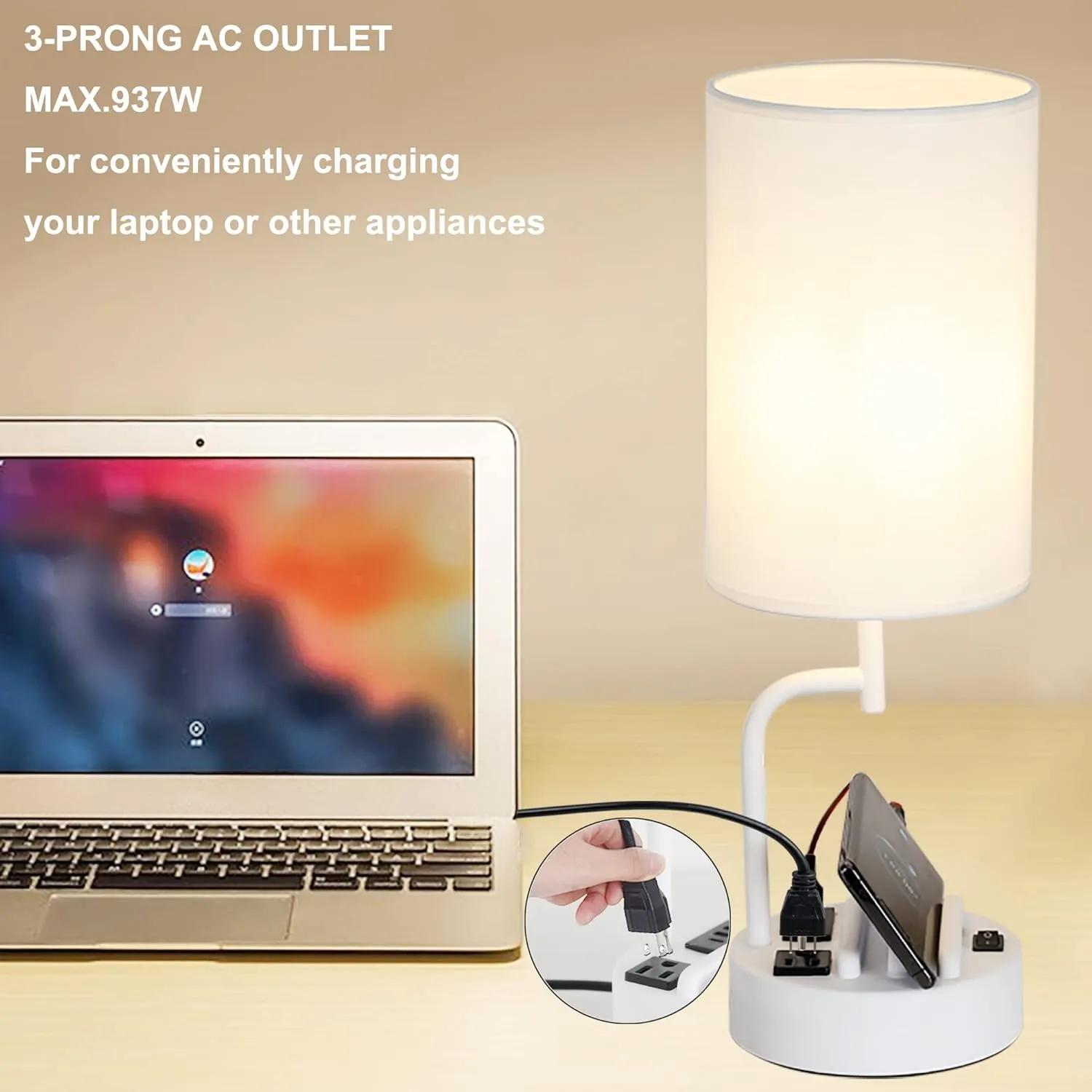 Dreamholder Table Lamp with 3 USB Charging Ports, Modern Desk Lamp with AC Outlet and Phone Stands, Perfect Bedside Lamp for Bedroom, Living Room, Office (Pack of 2), White