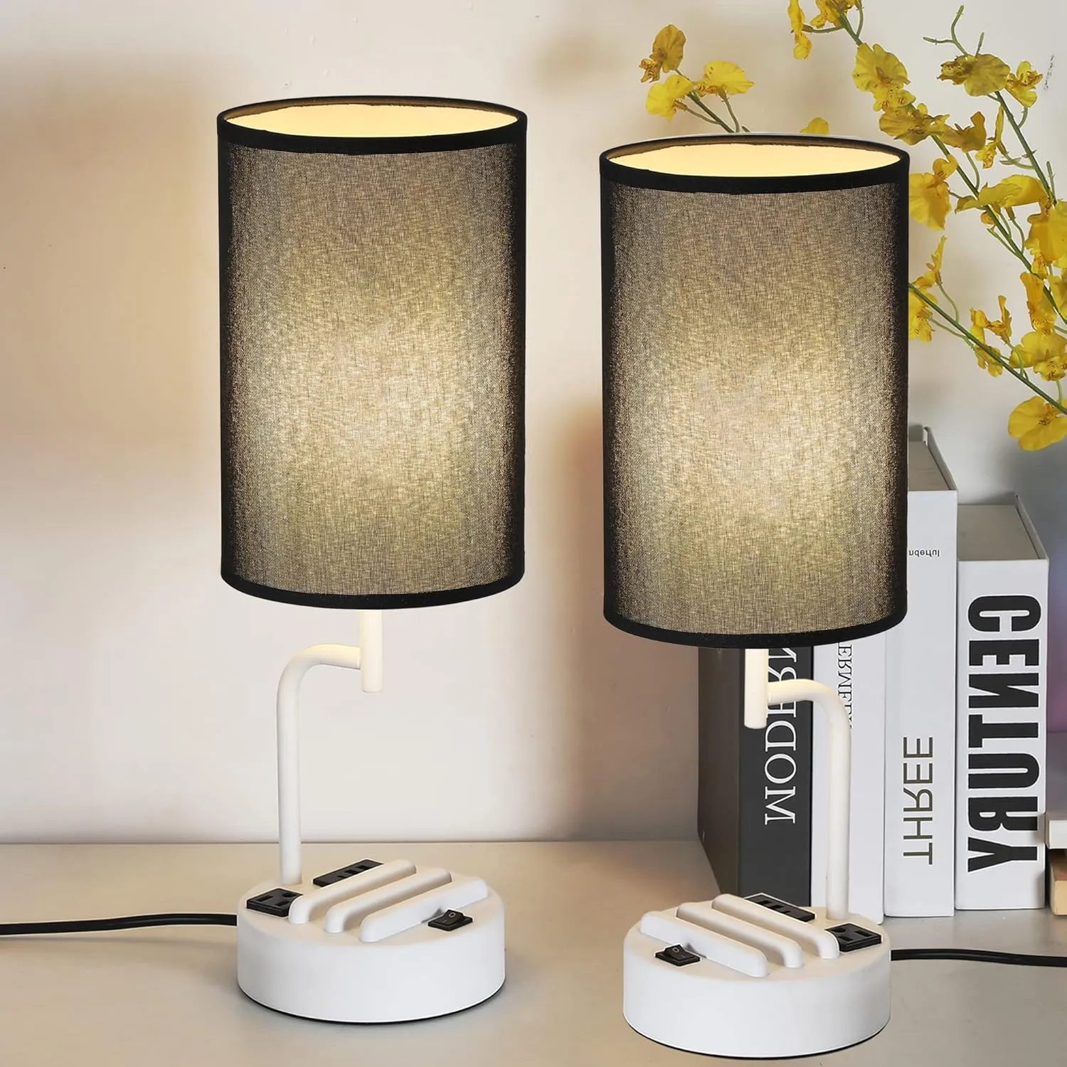 Dreamholder Table Lamp with 3 USB Charging Ports, Modern Desk Lamp with AC Outlet and Phone Stands, Perfect Bedside Lamp for Bedroom, Living Room, Office (Pack of 2), White&Black