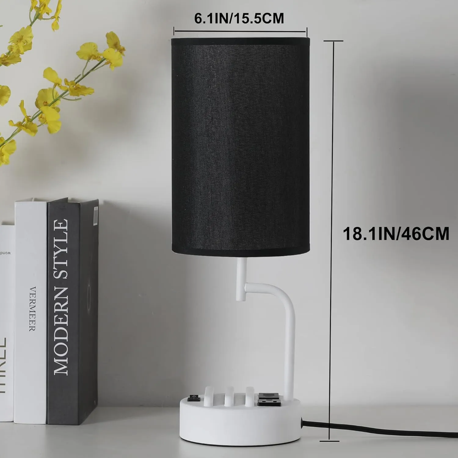 Dreamholder Table Lamp with 3 USB Charging Ports, Modern Desk Lamp with AC Outlet and Phone Stands, Perfect Bedside Lamp for Bedroom, Living Room, Office (Pack of 2), White&Black