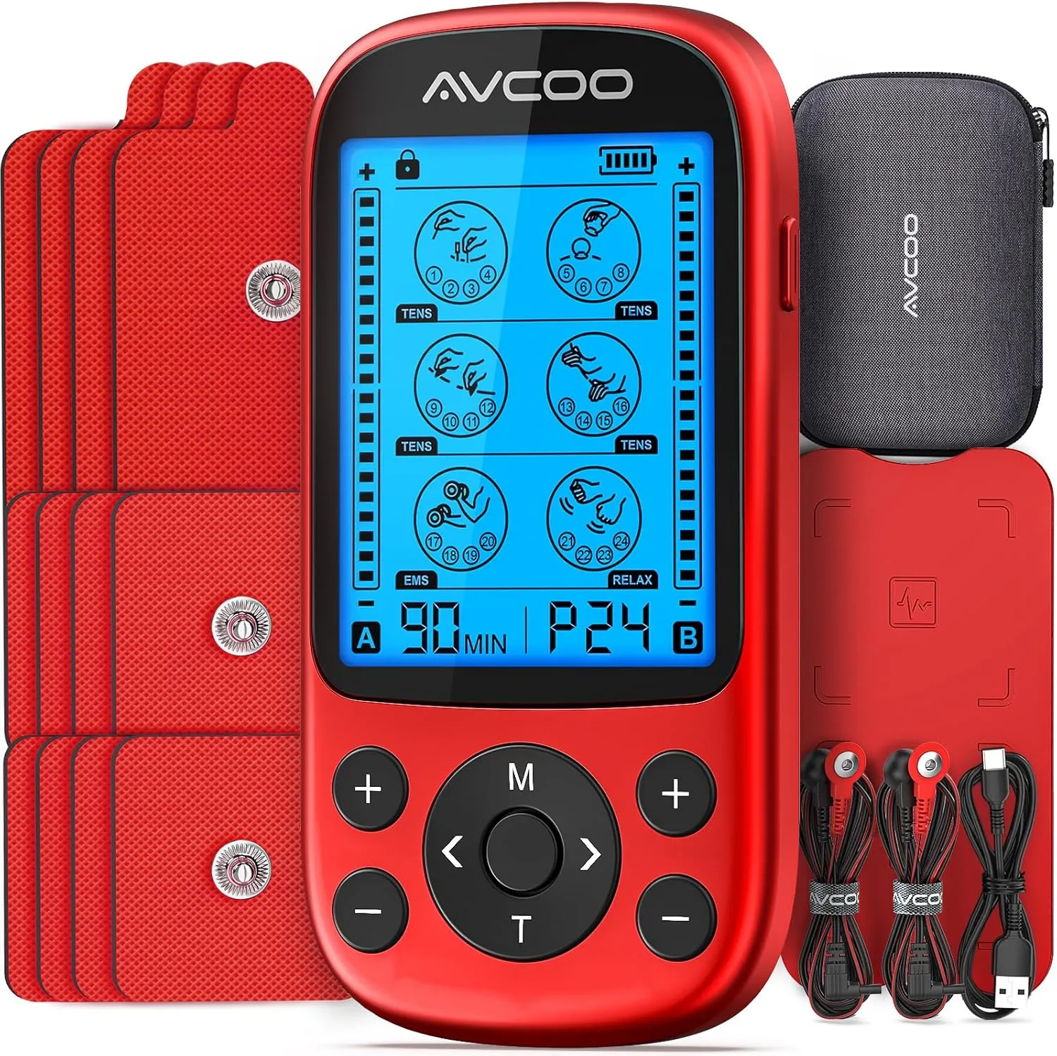 Dual Channel TENS Unit Muscle Stimulator, 3-in-1 EMS Muscle Stimulator with 24 Modes & 40 Levels, Rechargeable EMS Massager for Sciatica & Back Pain Relief with 12 TENS Machine Pads, EVA Case