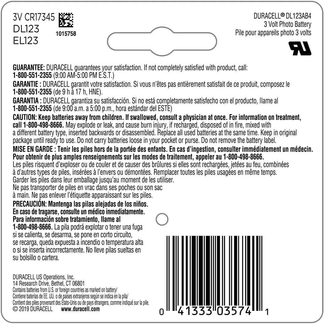 Duracell 123 Lithium Battery, 4 Count (Pack of 1), 123 3 Volt High Power Lithium Battery for Home Safety, Security Devices, High-Intensity Flashlights, Smoke Alarms, Home Automation
