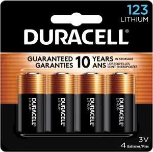 Duracell 123 Lithium Battery, 4 Count (Pack of 1), 123 3 Volt High Power Lithium Battery for Home Safety, Security Devices, High-Intensity Flashlights, Smoke Alarms, Home Automation