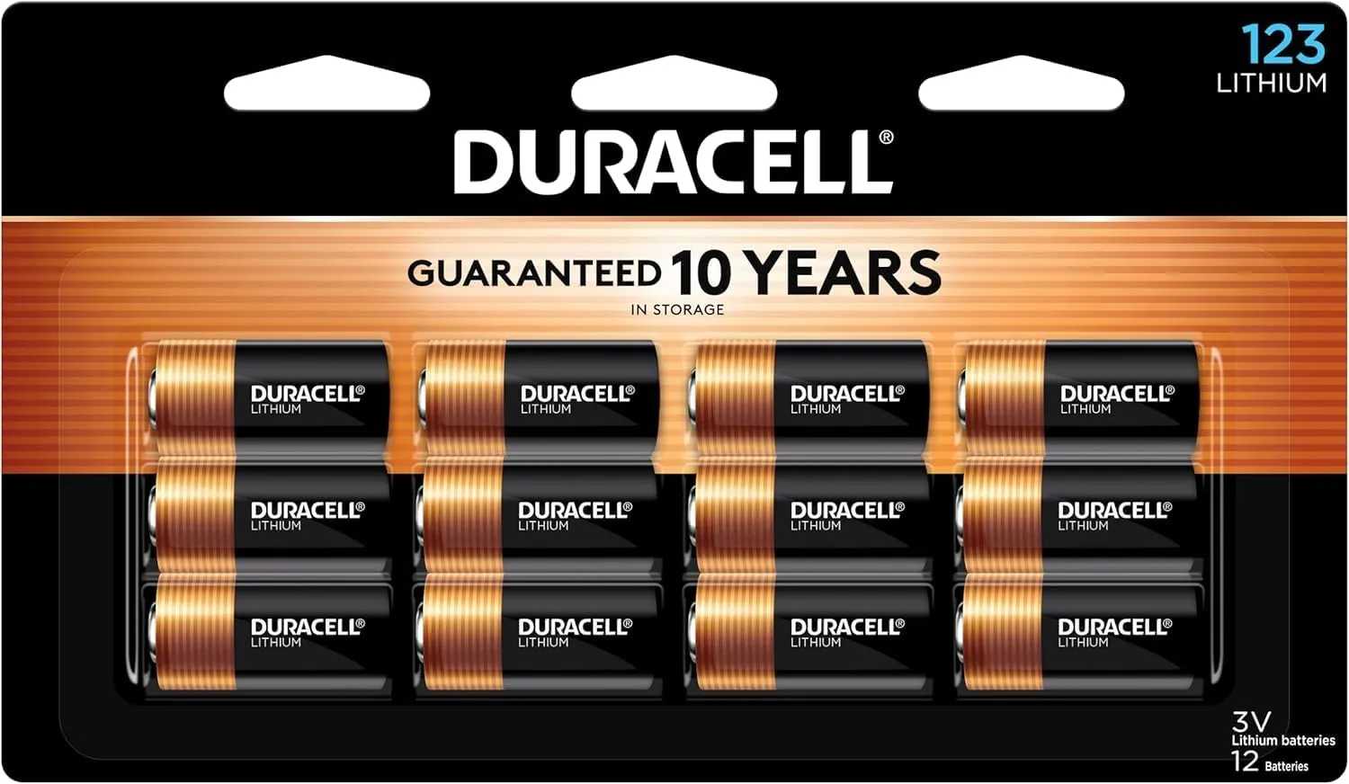 Duracell CR123A 3V Lithium Battery, 12 Count Pack, 123 3 Volt High Power Lithium Battery, Long-Lasting for Home Safety and Security Devices, High-Intensity Flashlights, and Home Automation