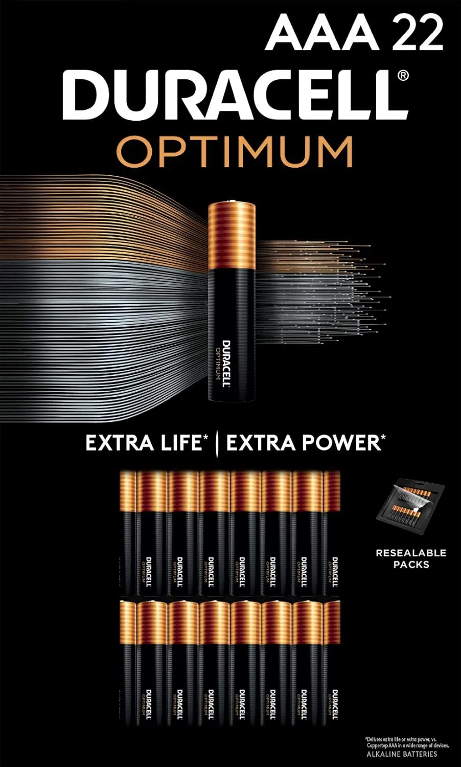 Duracell Optimum AAA Batteries, 22 Count Pack Triple A Battery with Long-lasting Power, Resealable Package for Storage, All-Purpose Alkaline AAA Battery for Household and Office Devices