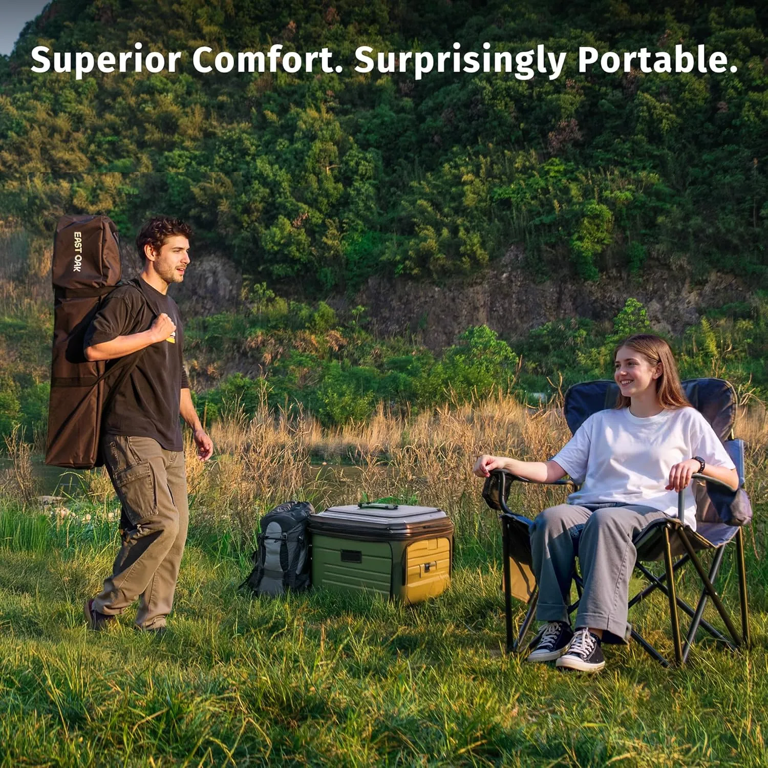 EAST OAK Oversized Camping Chair | Heavy Duty Camping Chairs for Adults | 500LBS Support, 600D Oxford, Cup Holder & Side Pocket | Ideal for Camping, Beach, Sports Events, Backyard & Tailgating | Blue
