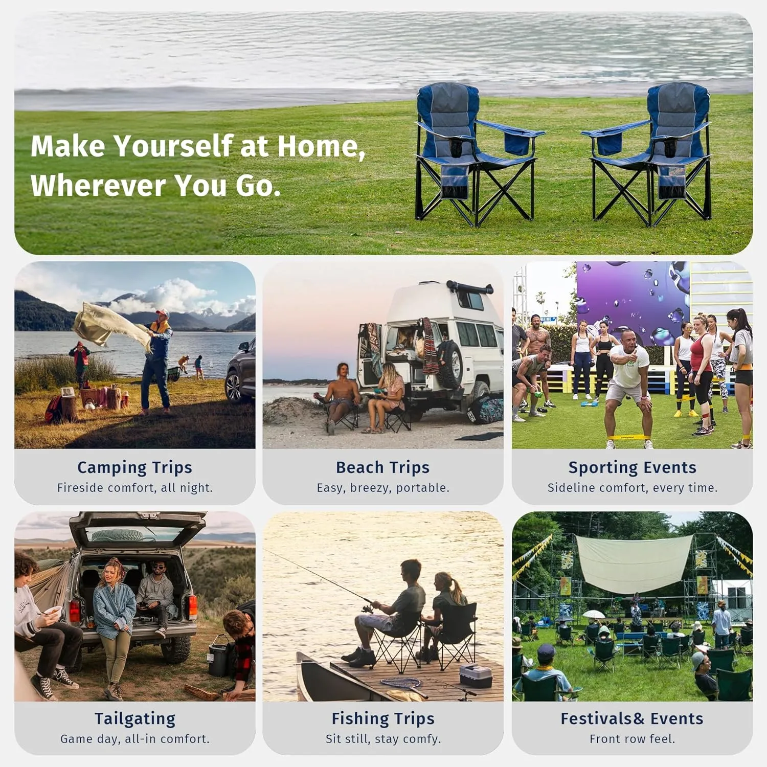EAST OAK Oversized Camping Chair | Heavy Duty Camping Chairs for Adults | 500LBS Support, 600D Oxford, Cup Holder & Side Pocket | Ideal for Camping, Beach, Sports Events, Backyard & Tailgating | Blue