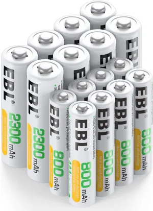 EBL 16 Sets AA AAA Batteries Combo with 8PCS AA 2300mAh & 8-Pack AAA 800mAh Rechargeable Batteries