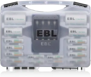 EBL Black Batteries Box Include : Rechargeable 8 AA Batteries   4 AAA Batteries   40Min iQuick Battery Charger and 2Pcs C/D Converters with Battery Storage Organizer