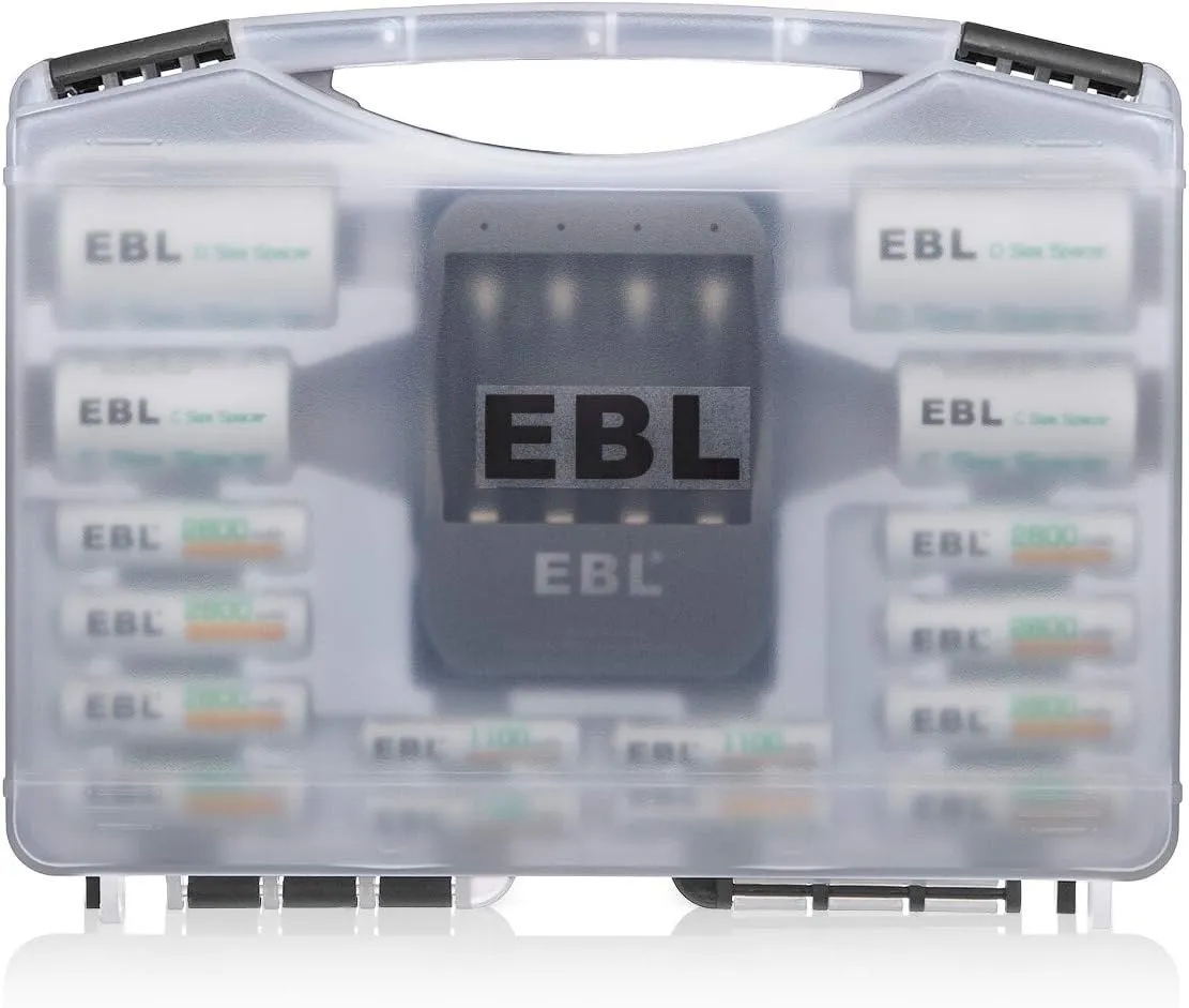 EBL Black Batteries Box Include : Rechargeable 8 AA Batteries   4 AAA Batteries   40Min iQuick Battery Charger and 2Pcs C/D Converters with Battery Storage Organizer
