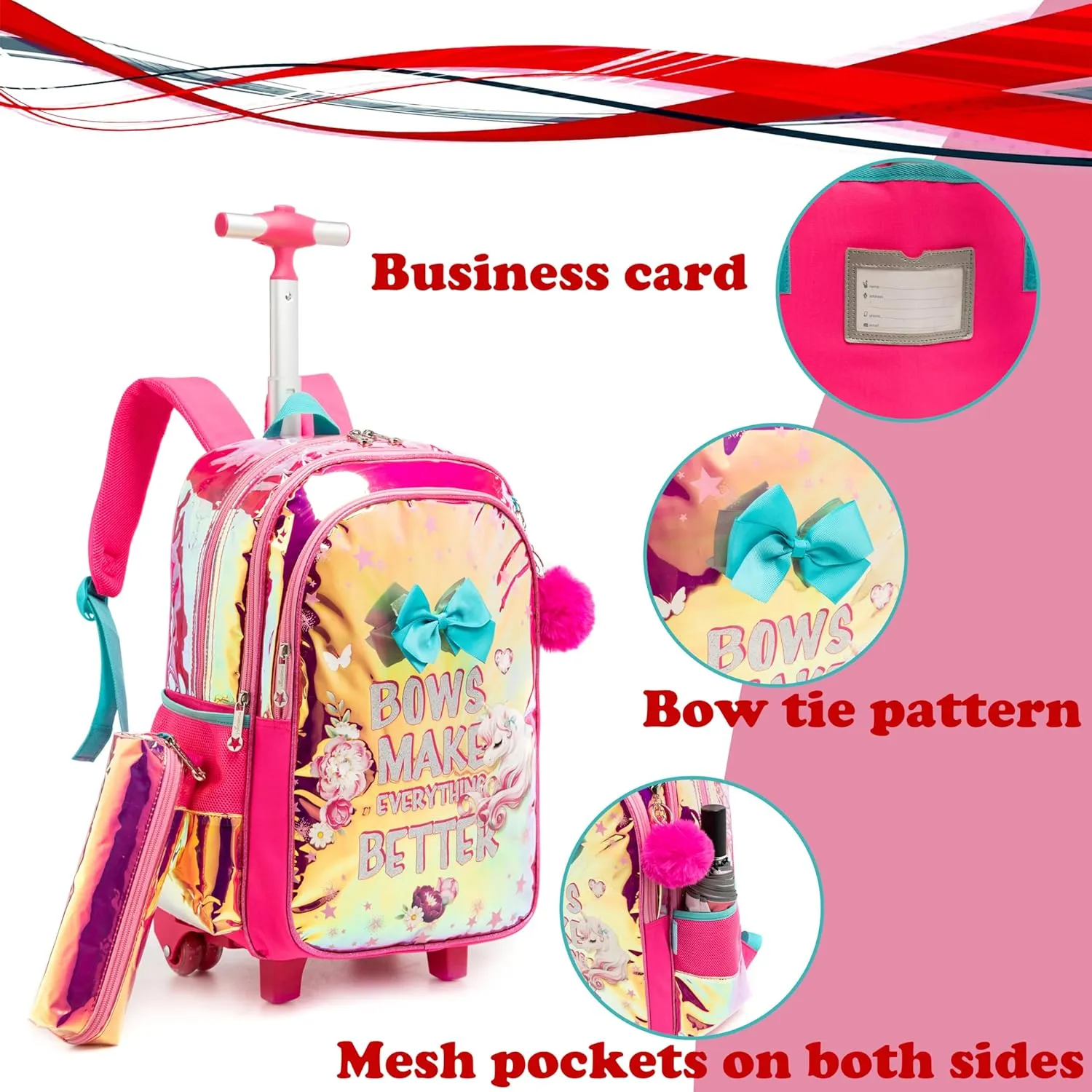 Egchescebo Kids Rolling Clear Butterfly with Letters Backpack for Girls 17" Flamingo Childrens Luggage with Wheels Toddler Travel Suitcase Transparent Backpacks Girl Kid Lunch Escolares Elementary Red