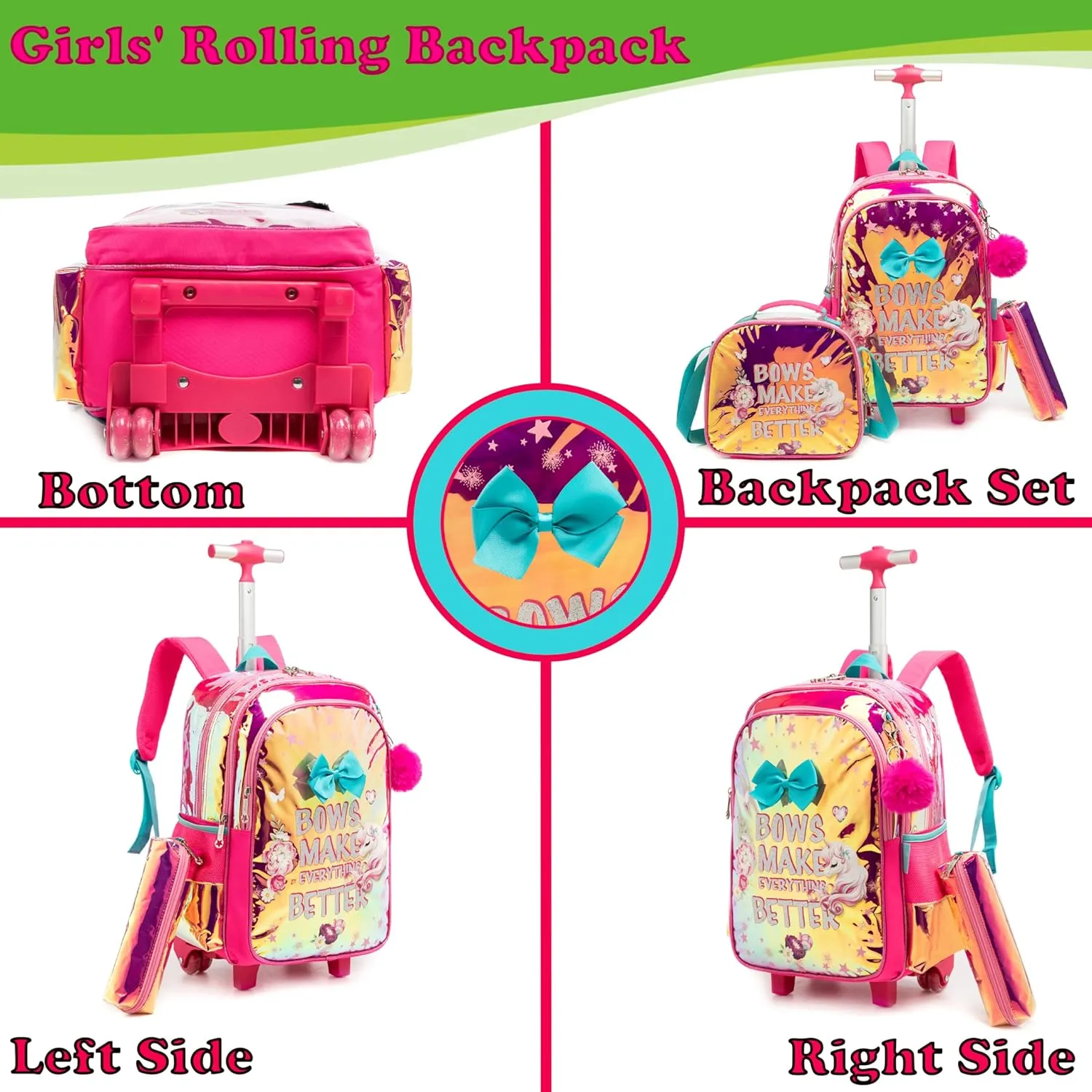 Egchescebo Kids Rolling Clear Butterfly with Letters Backpack for Girls 17" Flamingo Childrens Luggage with Wheels Toddler Travel Suitcase Transparent Backpacks Girl Kid Lunch Escolares Elementary Red