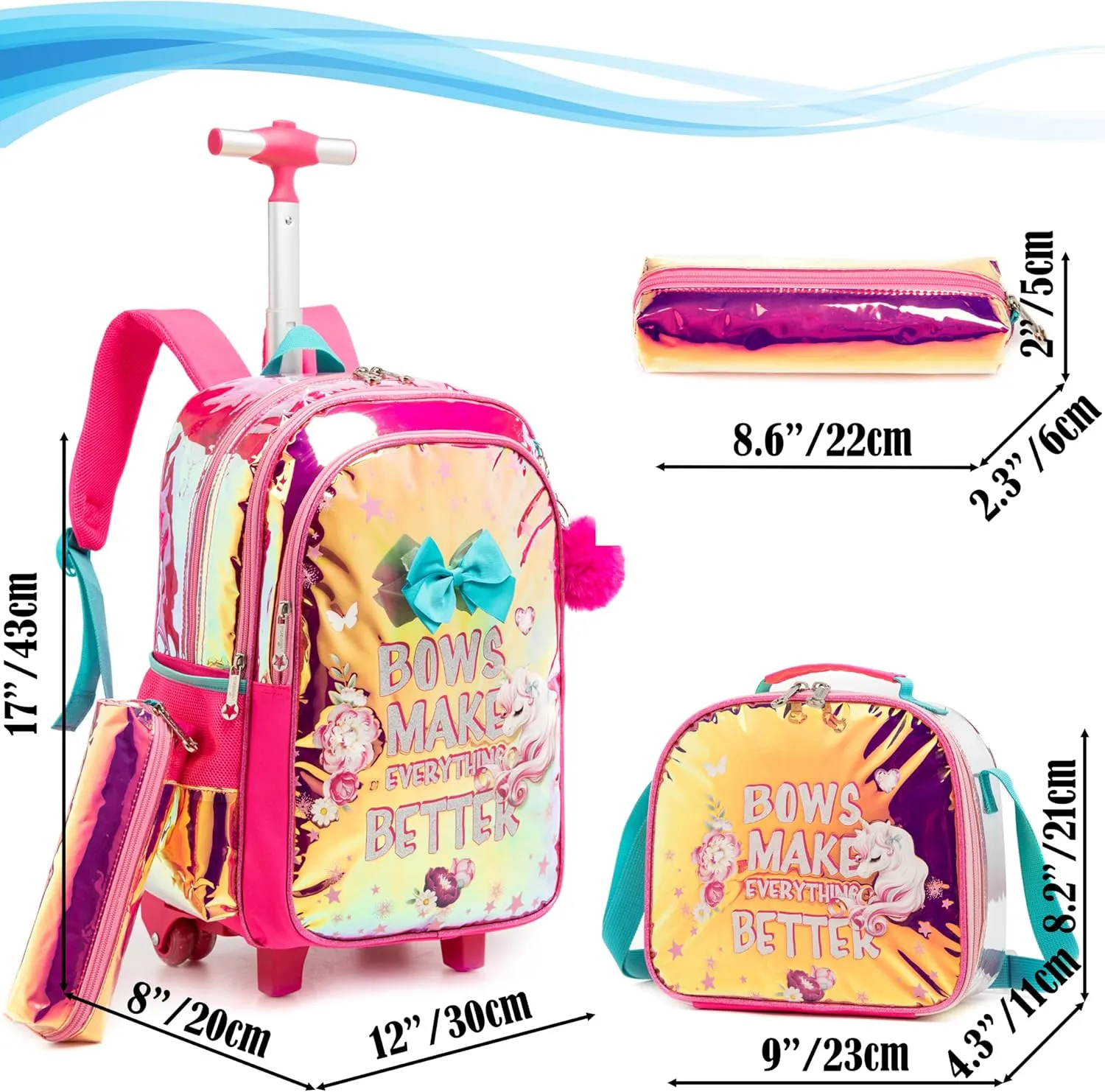Egchescebo Kids Rolling Clear Butterfly with Letters Backpack for Girls 17" Flamingo Childrens Luggage with Wheels Toddler Travel Suitcase Transparent Backpacks Girl Kid Lunch Escolares Elementary Red