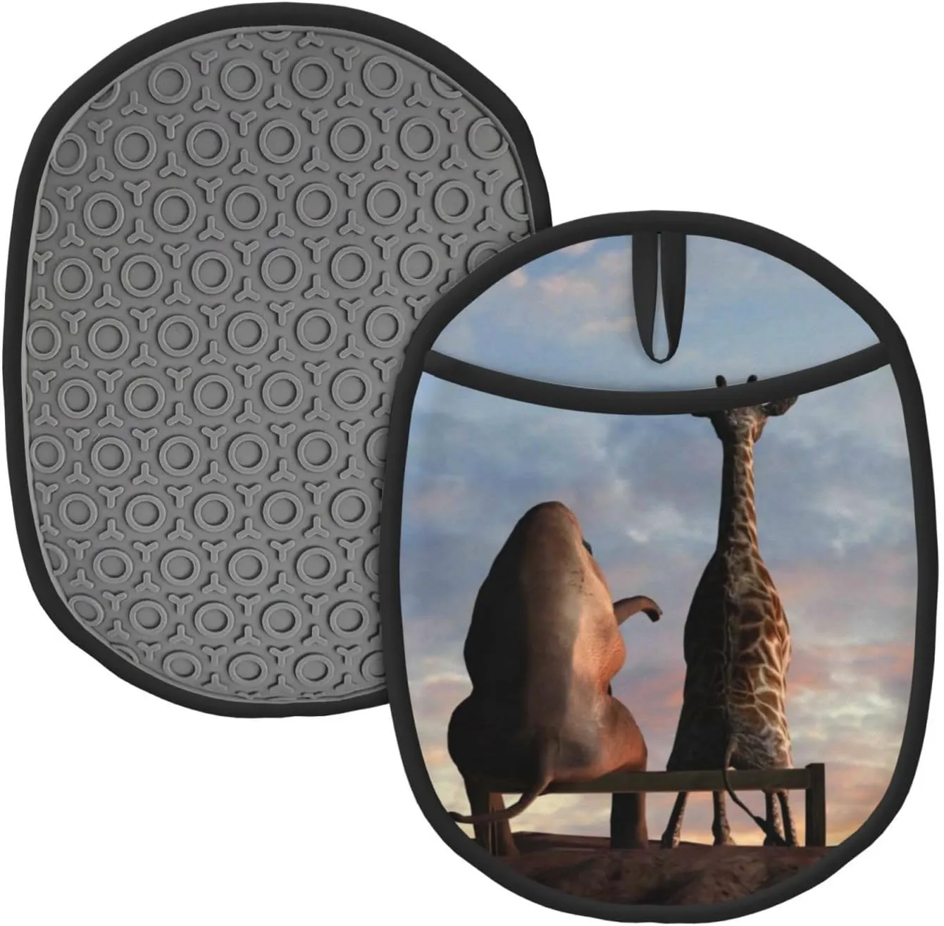 Elephant Giraffe On A Mountain Top Sunset Silicone Pot Holders Heat Resistant Oven Mitts with Pockets Non Slip Grip Large Potholders for Kitchen Cooking Baking Hot Pads