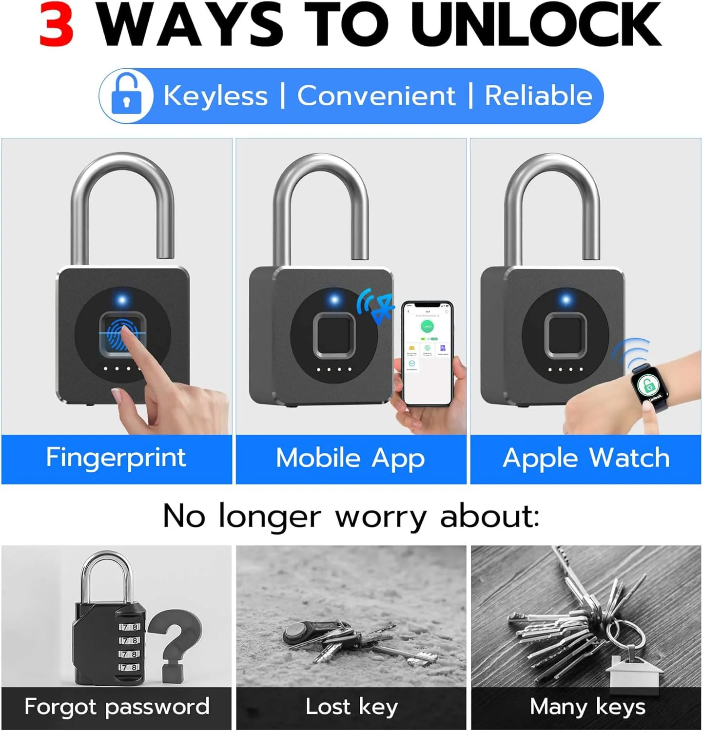 eLinkSmart Fingerprint Gym Locker Lock, Keyless Biometric Padlock, Weatherproof Electronic Digital Bluetooth App Smart Combo Pad Lock for Outdoor Fence Gate School Locker Storage Pool Shed - Black