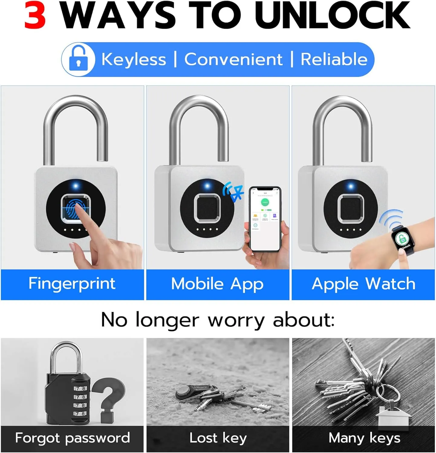 eLinkSmart Fingerprint Gym Locker Lock, Keyless Biometric Padlock, Weatherproof Electronic Digital Smart Combo Pad Lock for Outdoor Fence Gate Storage Fridge Helmet Ski Pool Shed (Silver, with Cable)