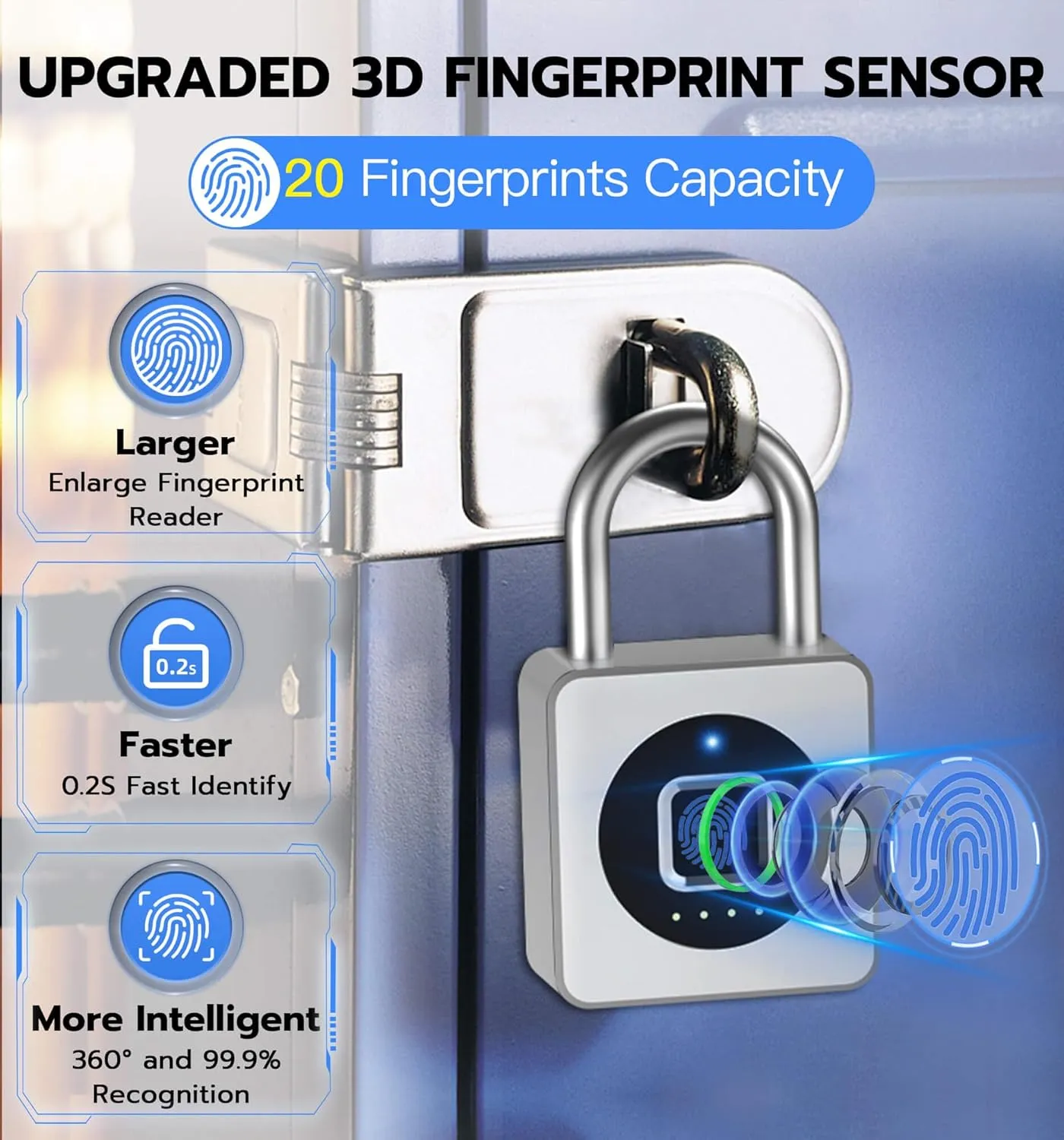 eLinkSmart Fingerprint Gym Locker Lock, Keyless Biometric Padlock, Weatherproof Electronic Digital Smart Combo Pad Lock for Outdoor Fence Gate Storage Fridge Helmet Ski Pool Shed (Silver, with Cable)