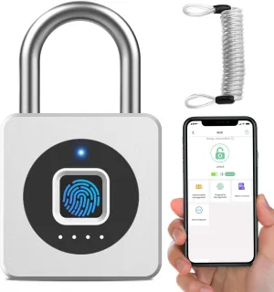 eLinkSmart Fingerprint Gym Locker Lock, Keyless Biometric Padlock, Weatherproof Electronic Digital Smart Combo Pad Lock for Outdoor Fence Gate Storage Fridge Helmet Ski Pool Shed (Silver, with Cable)