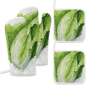 Emerald Green Cabbage Oven Mitts and Pot Holders Sets of 4 Heat Resistant Non Slip Oven Gloves and Hot Pads Waterproof Cooking Mitts for Kitchen Baking Grilling BBQ