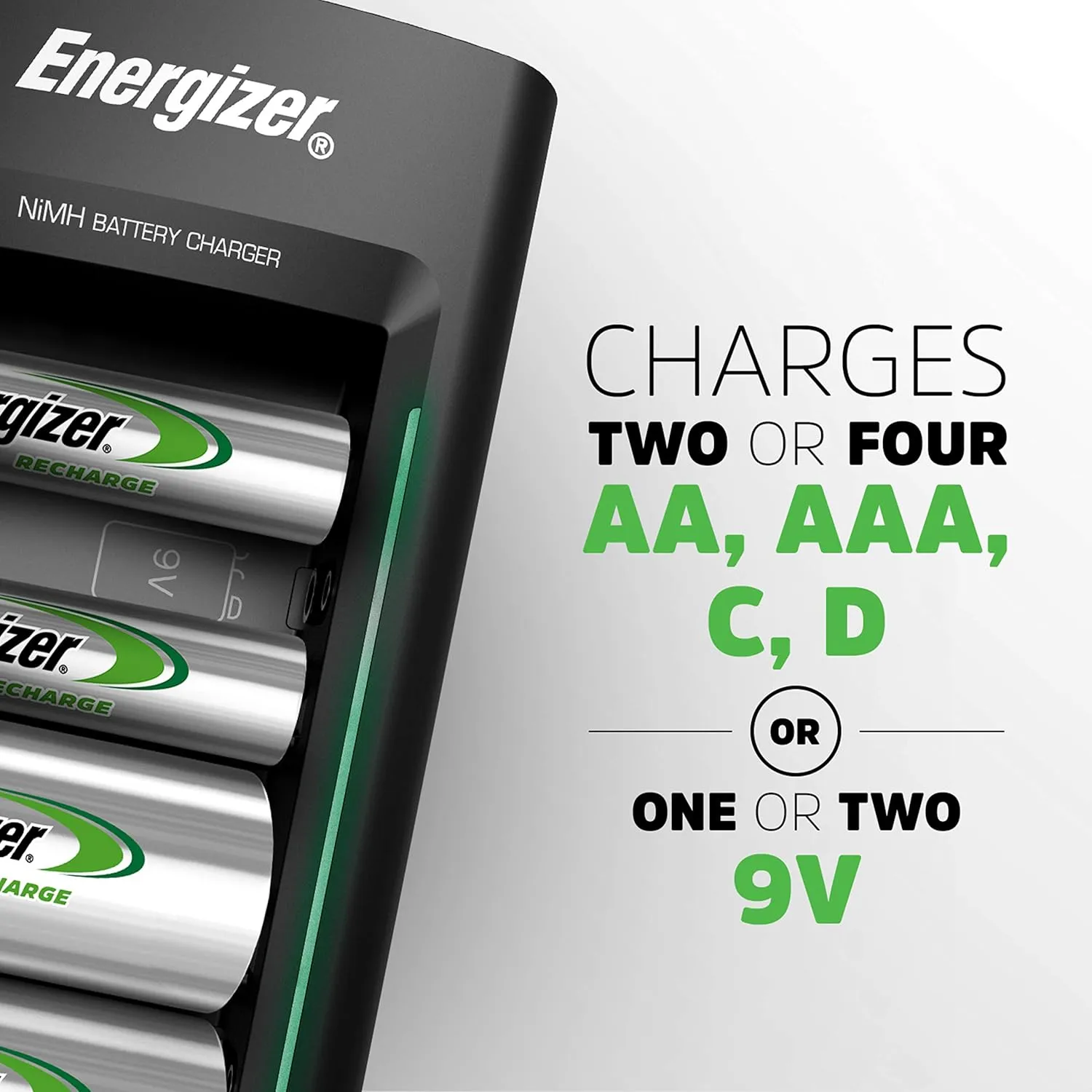 Energizer Recharge Universal Charger for NiMH Rechargeable AA, AAA, C, D, and 9V Batteries