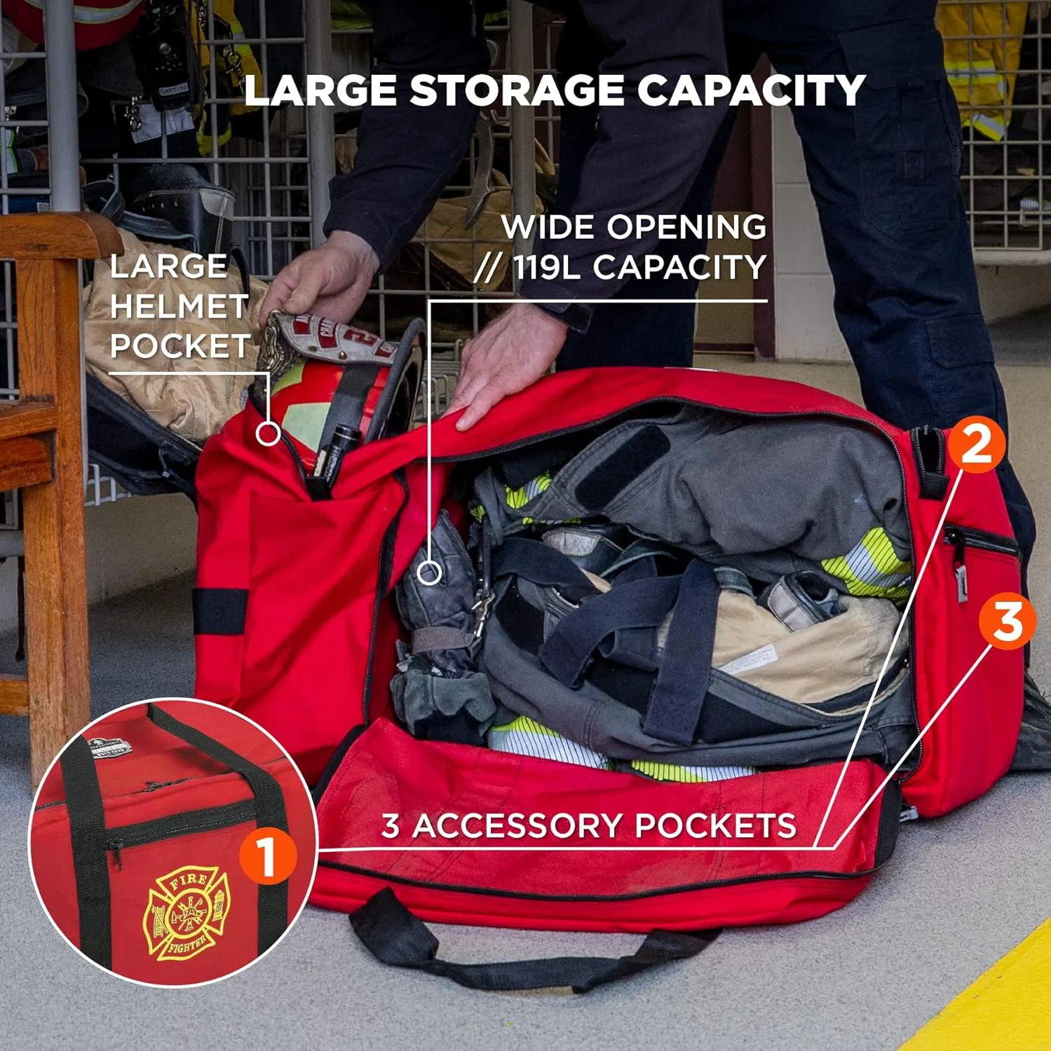 Ergodyne Arsenal 5005 Large Nylon Firefighter Rescue Turnout Fire Gear Bag with Shoulder Strap and Helmet Pocket, Red