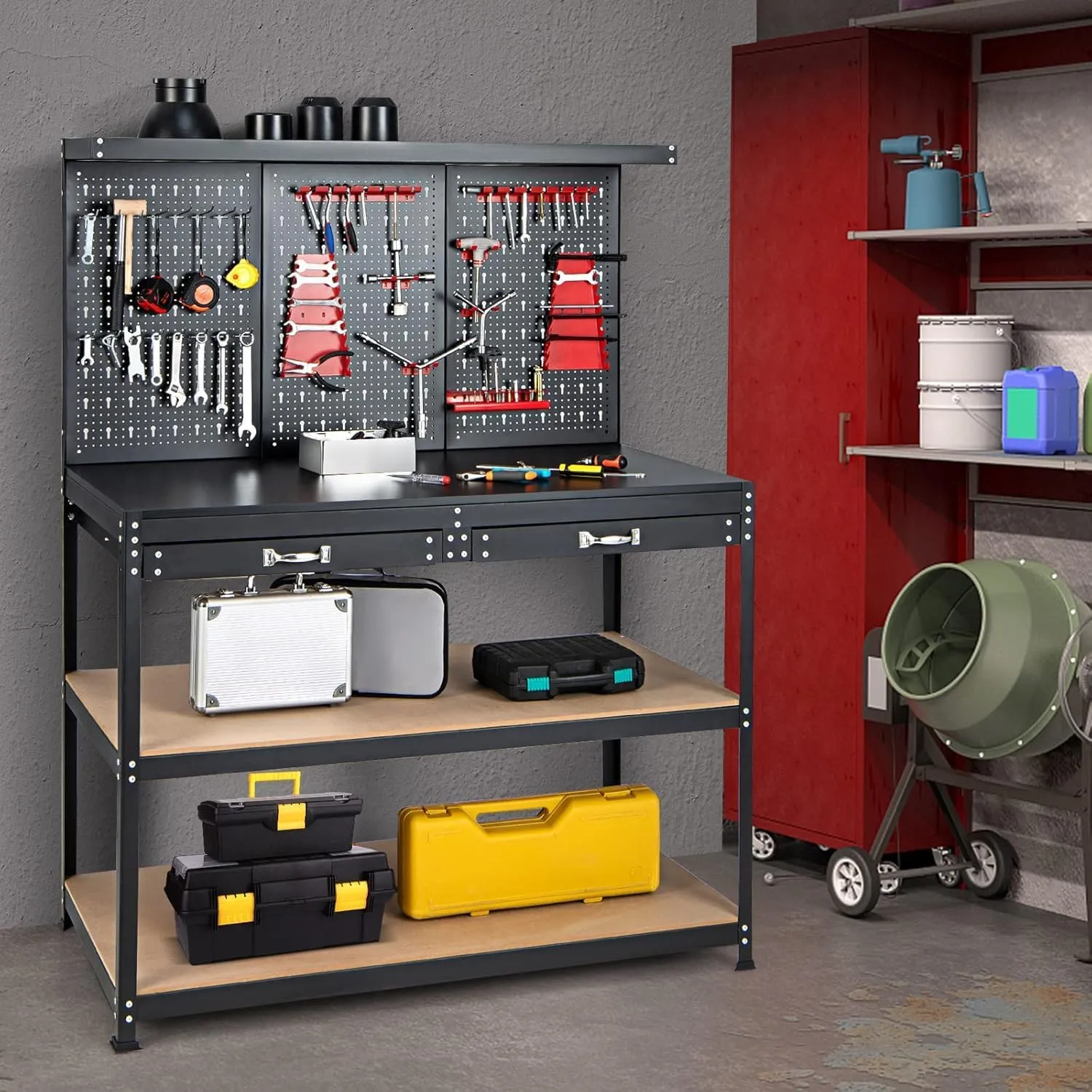 ERGOMASTER 48”x24” Garage Work Bench, Heavy Duty Work Table with Drawers, Pegboard, 965LBS Capacity, 25 Hanging Accessories Metal Tool Bench for Garage, Warehouse