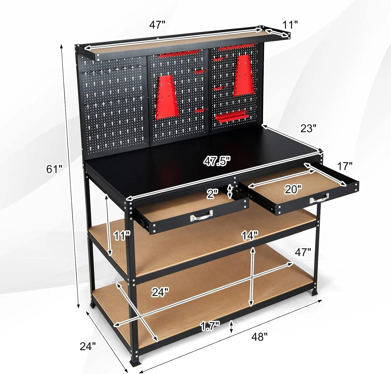 ERGOMASTER 48”x24” Garage Work Bench, Heavy Duty Work Table with Drawers, Pegboard, 965LBS Capacity, 25 Hanging Accessories Metal Tool Bench for Garage, Warehouse