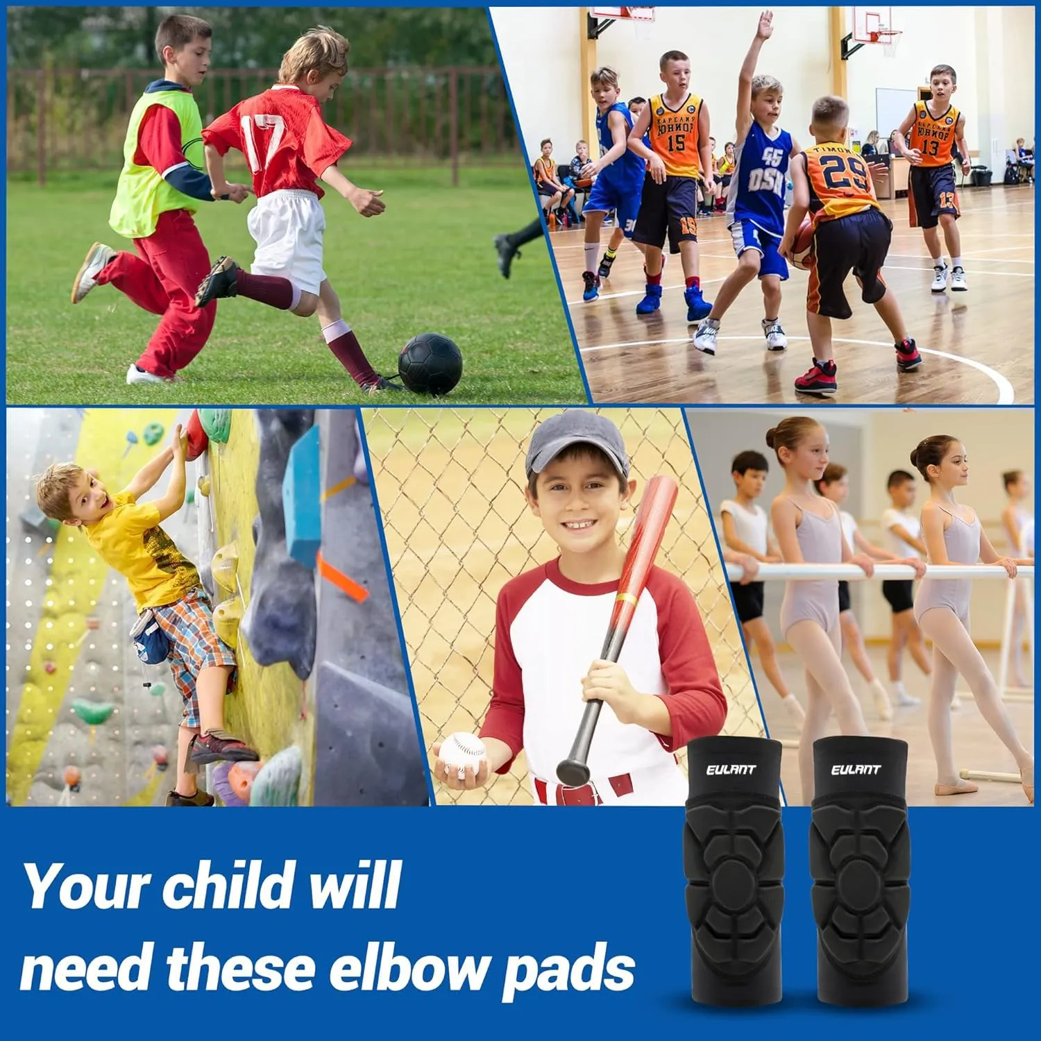 EULANT Kids Knee for Basketball Soccer, Breathable & Lightweight Compression Knee Pad Guards, Boys Girls Knee Sleeves Sports Gear for Baseball Football Volleyball Wrestling Cycling Dance L