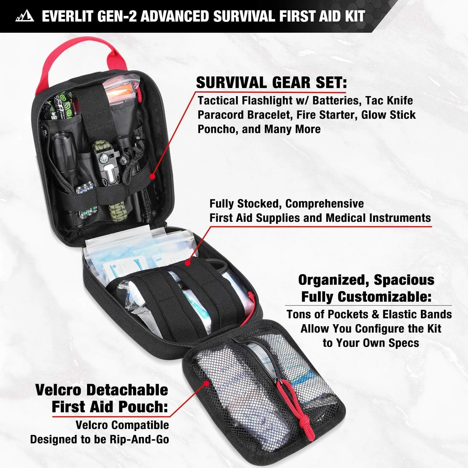 Everlit Survival Upgraded Survival First Aid Kit Emergency Gear Trauma Kit with 1000D Nylon Laser Cut Tactical EMT Pouch for Outdoor, Camping, Hunting, Hiking, Earthquake, Home, Office