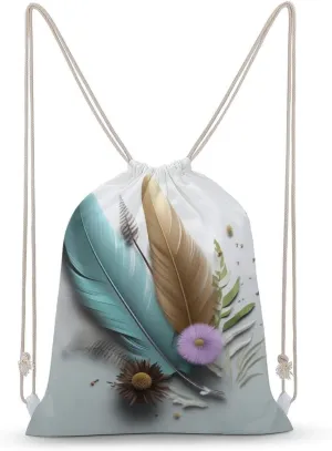 Feather Flower Drawstring Backpack for Women Men Drawstring Bag for Travel Swimming Sports Gym Bag