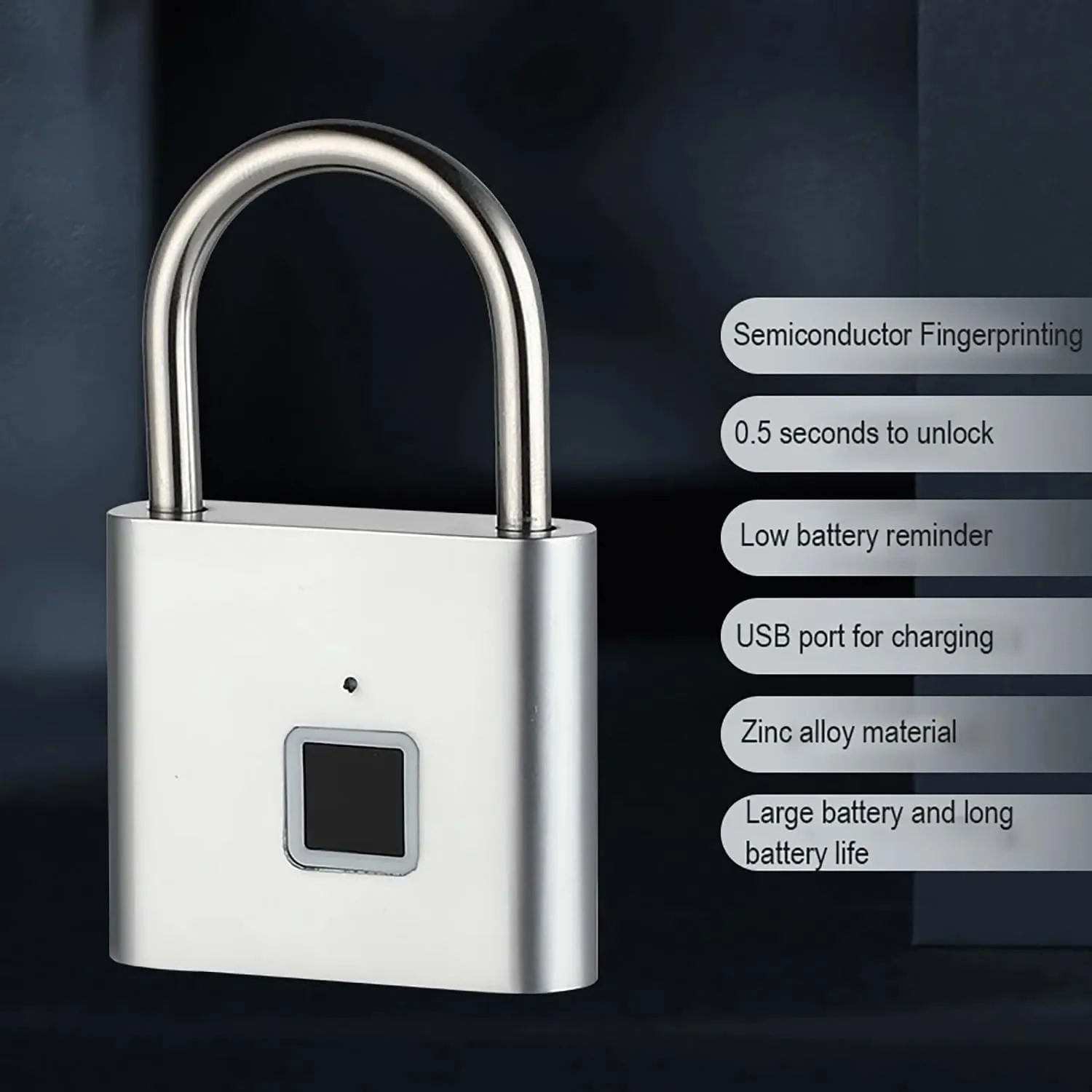 Fingerprint Padlock, Locker Lock, Keyless Biometric Padlock Fingerprint Lock Combination Gate Locks for Outdoor Storage Gym Lock USB Rechargeable - Silver