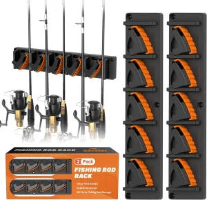 Fishing Rod Holder for Garage Wall, Vertical Fishing Pole Rack with TPE Soft Pads Each Holds Up to 5 Rods 0.1"-0.75" – Wall Mounted Fishing Rod Storage Organizer,Gifts for Men – 2 PACK (Holds 10 Rods)