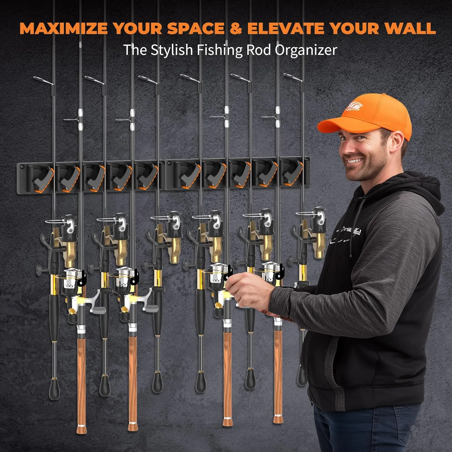 Fishing Rod Holder for Garage Wall, Vertical Fishing Pole Rack with TPE Soft Pads Each Holds Up to 5 Rods 0.1"-0.75" – Wall Mounted Fishing Rod Storage Organizer,Gifts for Men – 2 PACK (Holds 10 Rods)