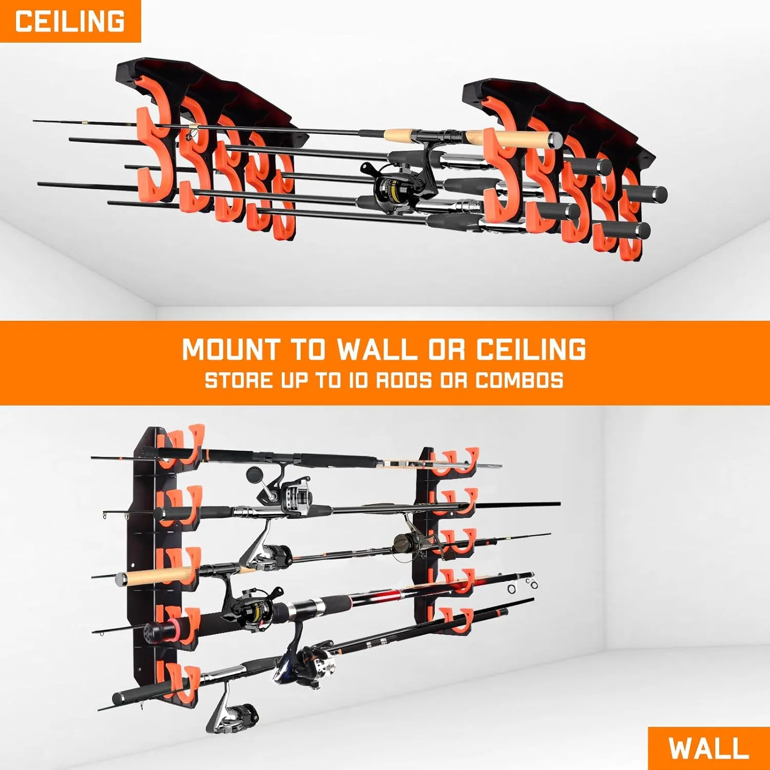 Fishing Rod Holders, Fishing Pole Holders for Garage, Wall or Ceiling Mounted Fishing Rod Rack Holds Up to 10 Rods(2 Pack)