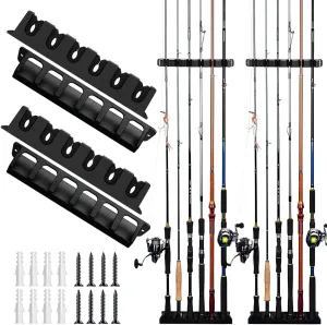 Fishing Rod Holders Wall-Mounted 2 Pairs, Simple Deluxe Fishing Pole Holder & Rack Store up to 12 Rods or Combos for Garage & Boat (Vertical, Black)